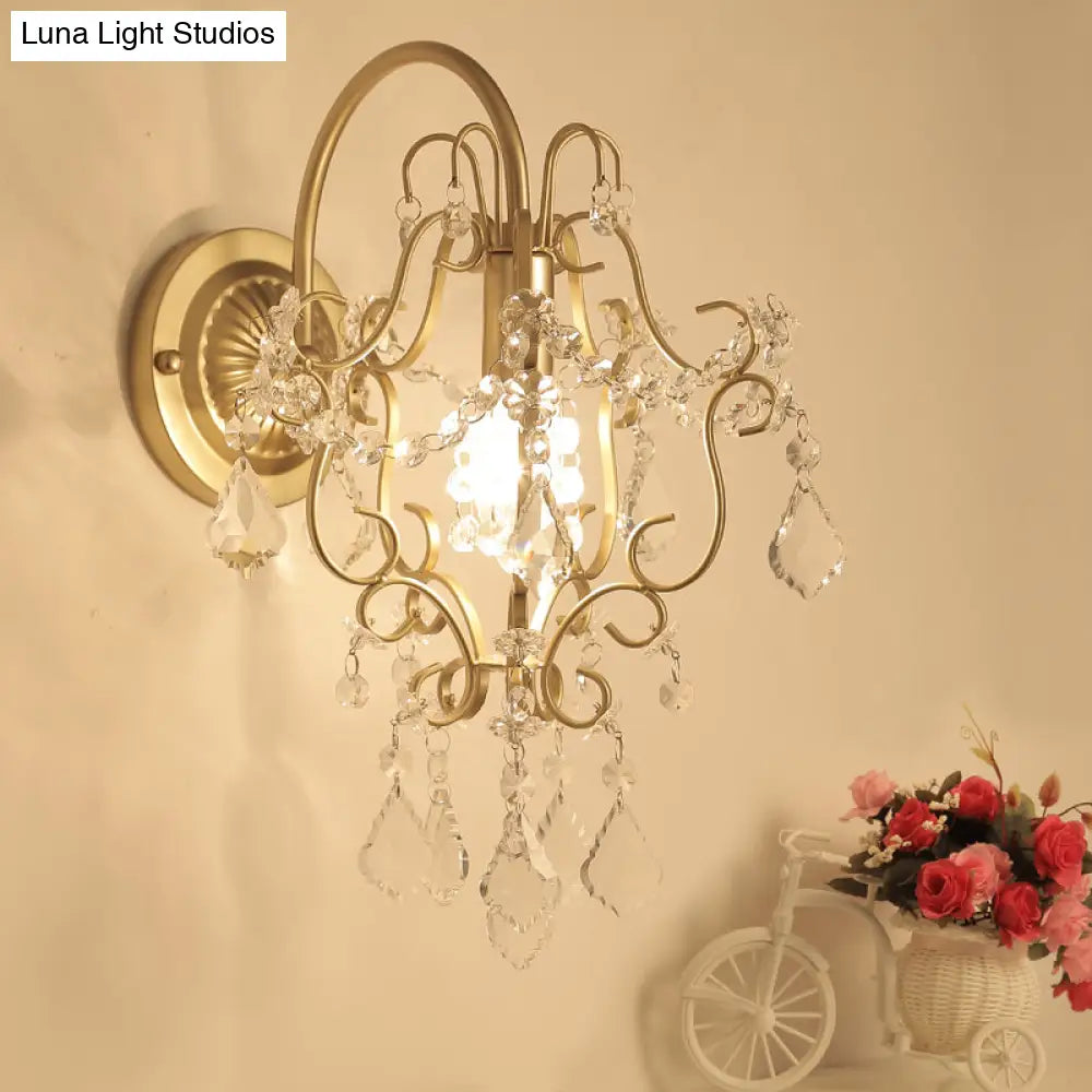 Rustic Metal Wall Mount Lamp With Crystal Accent - Gold Sconce Light