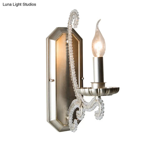Rustic Metal Wall Mounted Sconce With Crystal Bead Accent - Bedside Candle Light Fixture