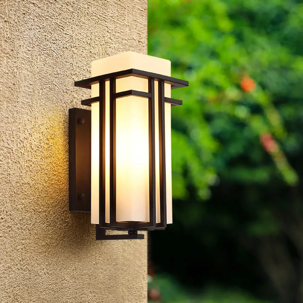 Rustic Metal Wall Sconce Light - Rectangular Outdoor 1-Light Black Finish / 6.5