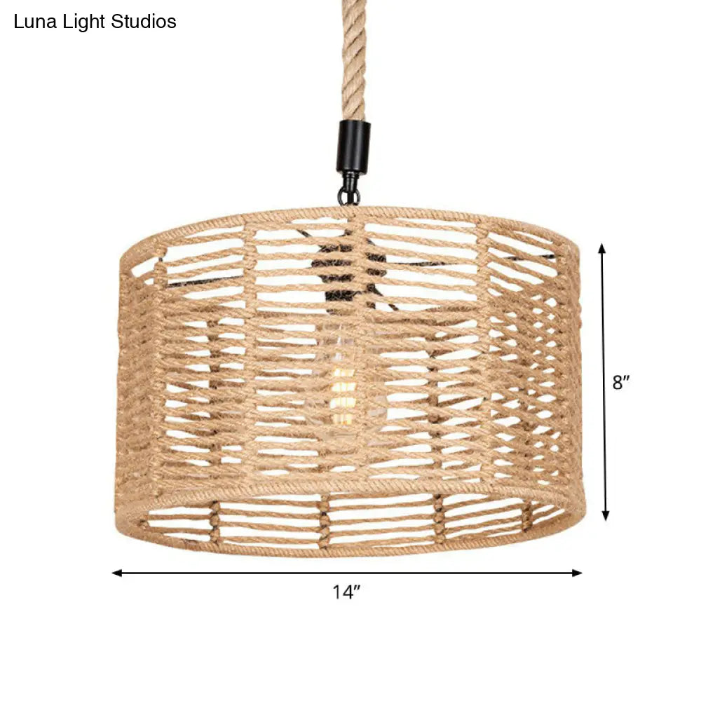 Rustic Natural Rope Drum Pendant Ceiling Lamp With 1 Bulb - Brown Finish | Perfect For Restaurants