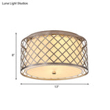 Rustic Nickel Crisscross Woven Drum Ceiling Flush Mount Light - 2 Bulbs Bedroom Fixture