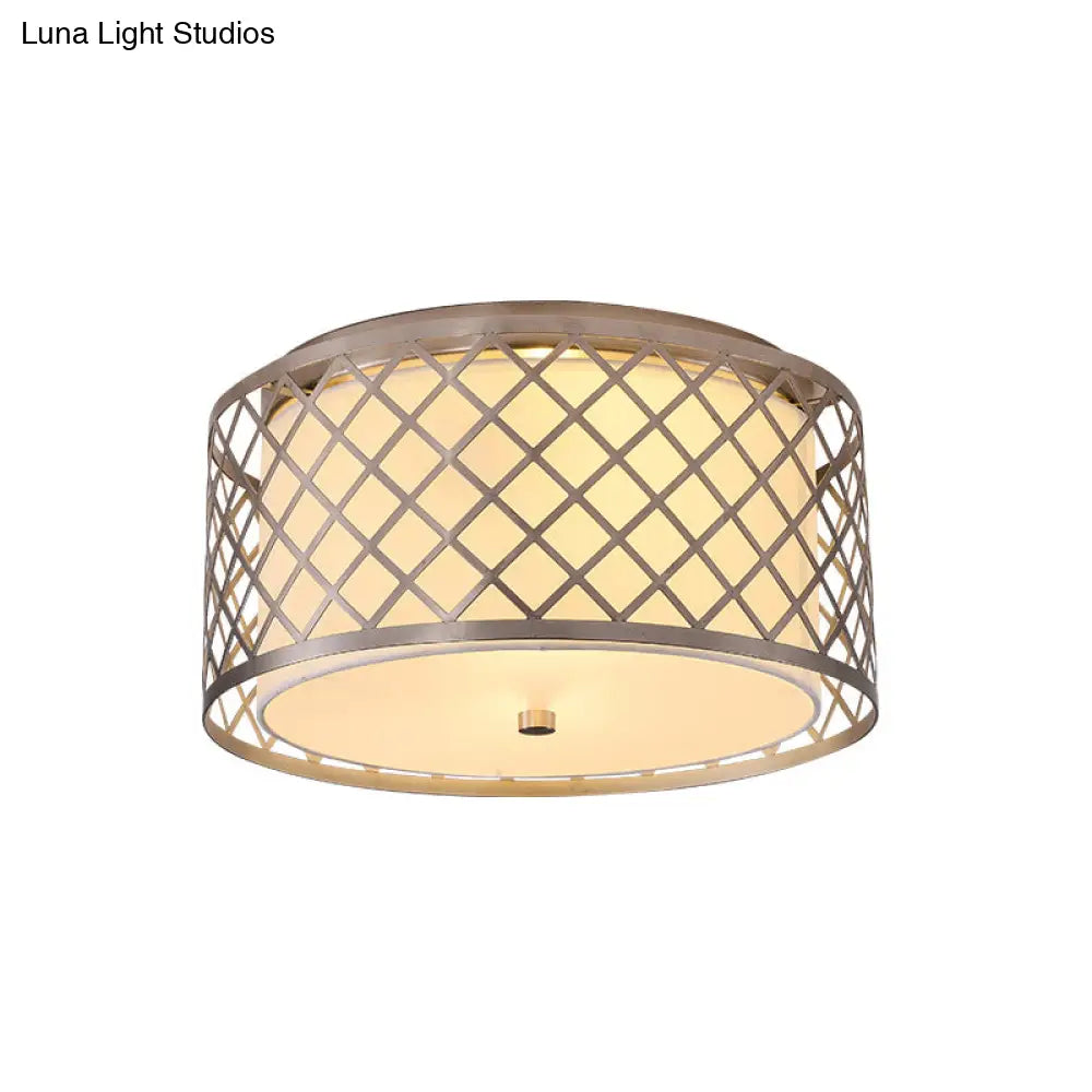 Rustic Nickel Crisscross Woven Drum Ceiling Flush Mount Light - 2 Bulbs Bedroom Fixture