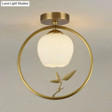 Rustic Opal Glass & Brass Ceiling Lamp With Peacock Decor