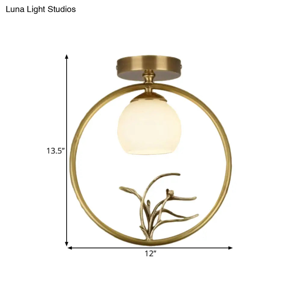 Rustic Opal Glass & Brass Ceiling Lamp With Peacock Decor