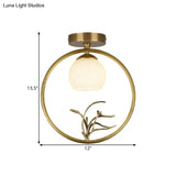 Rustic Opal Glass & Brass Ceiling Lamp With Peacock Decor