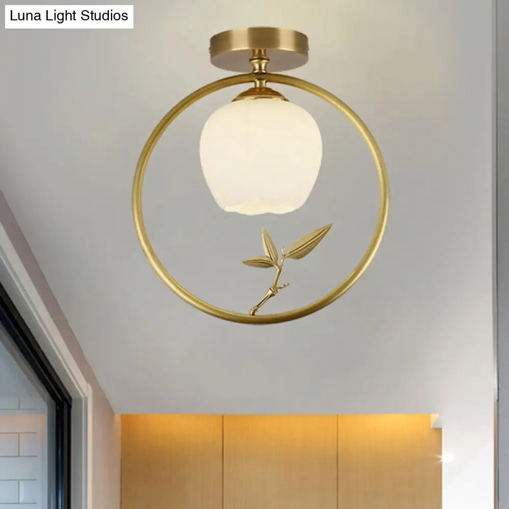 Rustic Opal Glass & Brass Ceiling Lamp With Peacock Decor