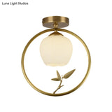 Rustic Opal Glass & Brass Ceiling Lamp With Peacock Decor