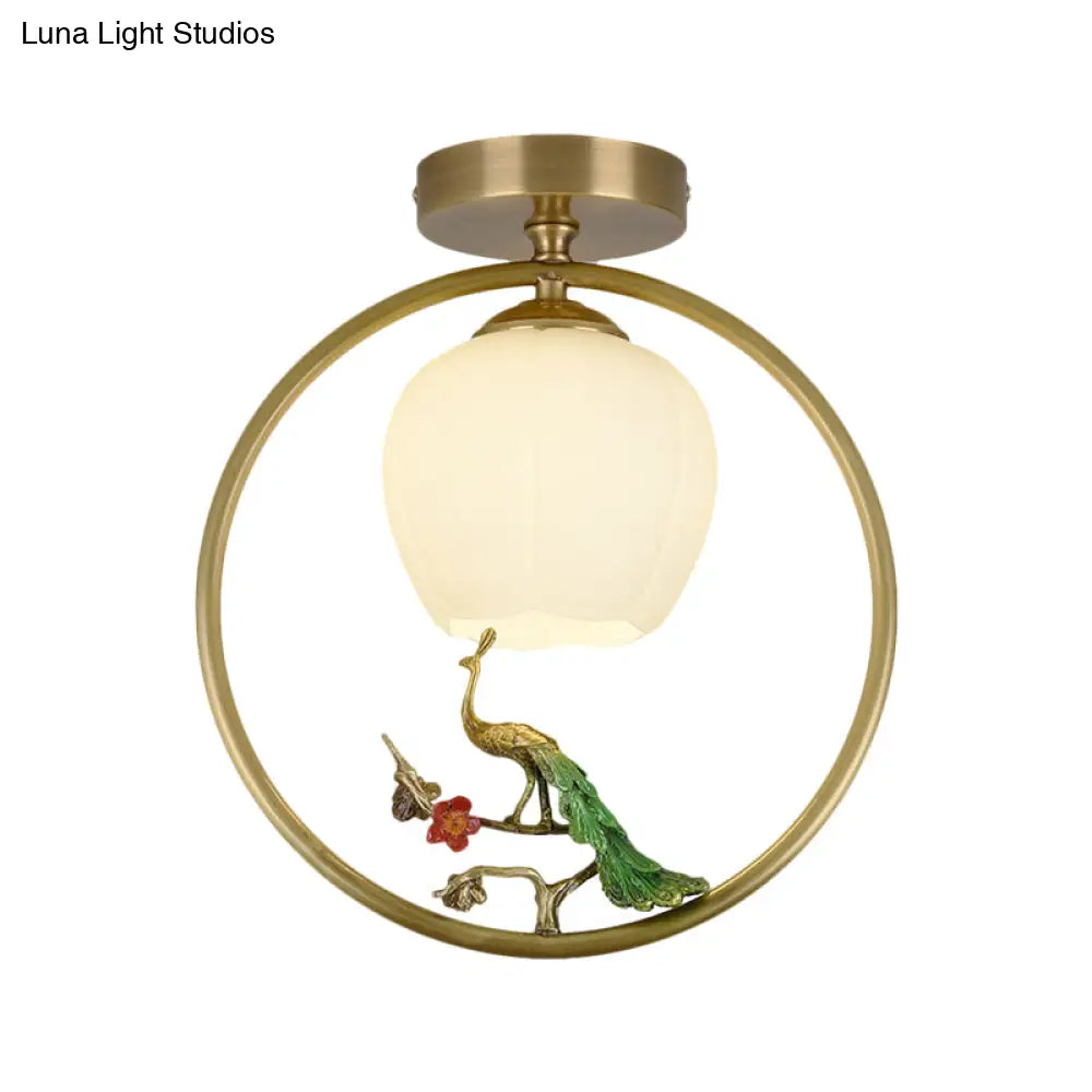 Rustic Opal Glass & Brass Ceiling Lamp With Peacock Decor
