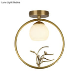 Rustic Opal Glass & Brass Ceiling Lamp With Peacock Decor