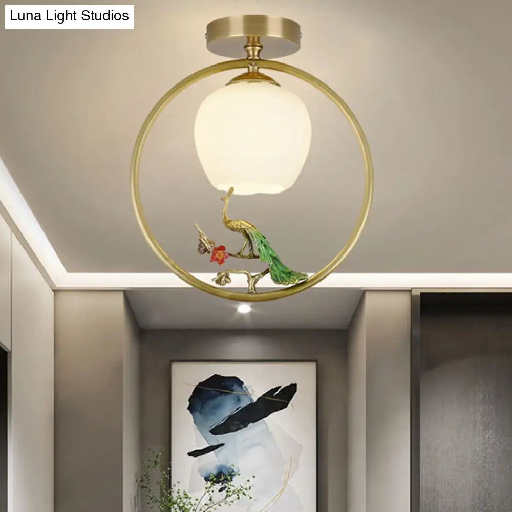 Rustic Opal Glass & Brass Ceiling Lamp With Peacock Decor