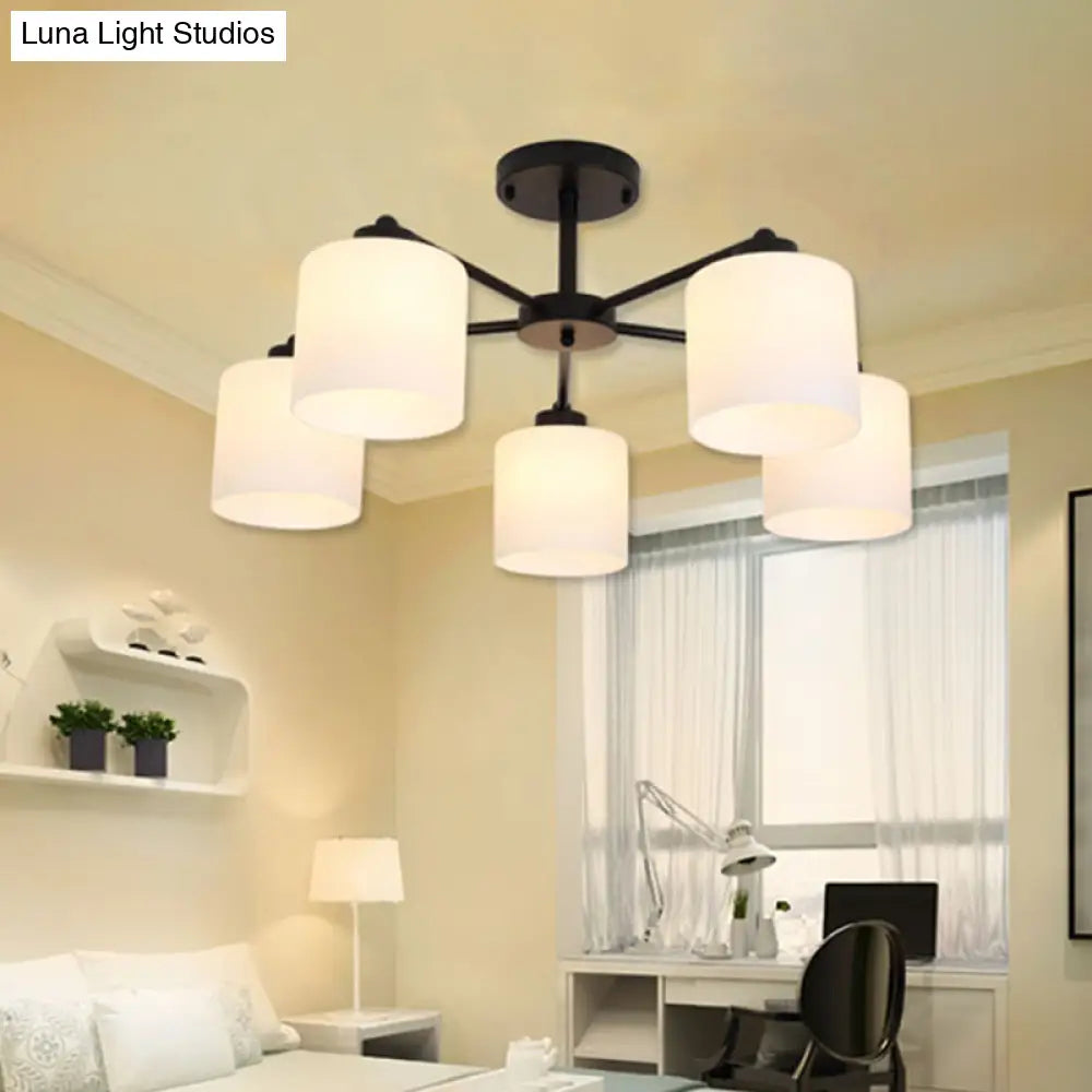Rustic Opal Glass Cylinder Bedroom Ceiling Chandelier Light - Black Finish