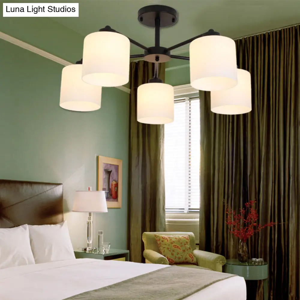 Rustic Opal Glass Cylinder Bedroom Ceiling Chandelier Light - Black Finish