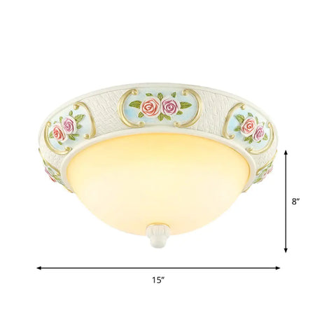 Rustic Opal Glass Dome Ceiling Flush Light White 15/19 W 3-Bulb Flushmount For Dining Room With Rose