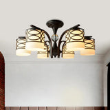 Rustic Opal Glass Semi Flush Light Fixture - Cylinder Design With 3/6/8 Black Metallic Heads Ideal