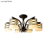 Rustic Opal Glass Semi Flush Light Fixture - Cylinder Design With 3/6/8 Black Metallic Heads Ideal