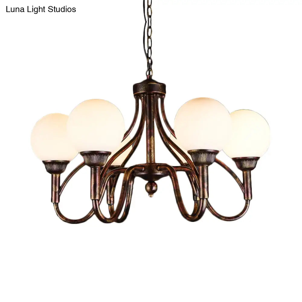 Rustic Opal Glass Sphere Chandelier Lamp - 6-Head Pendant Ceiling Light For Restaurants