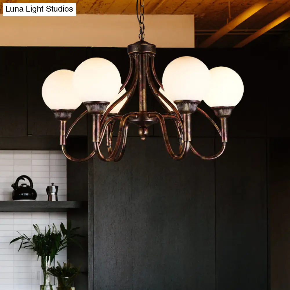 Rustic Opal Glass Sphere Chandelier Lamp - 6-Head Pendant Ceiling Light For Restaurants
