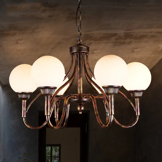 Rustic Opal Glass Sphere Chandelier Lamp - 6-Head Pendant Ceiling Light For Restaurants Rust