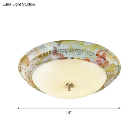 Rustic Opal Glass Tiered Ceiling Lamp - Led Flush Mount Light Fixture In White - Green For Living