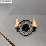 Rustic Outdoor Wall Sconce Lighting Fixture: Clear Glass Vase Shade 2-Bulb Design With Wheel