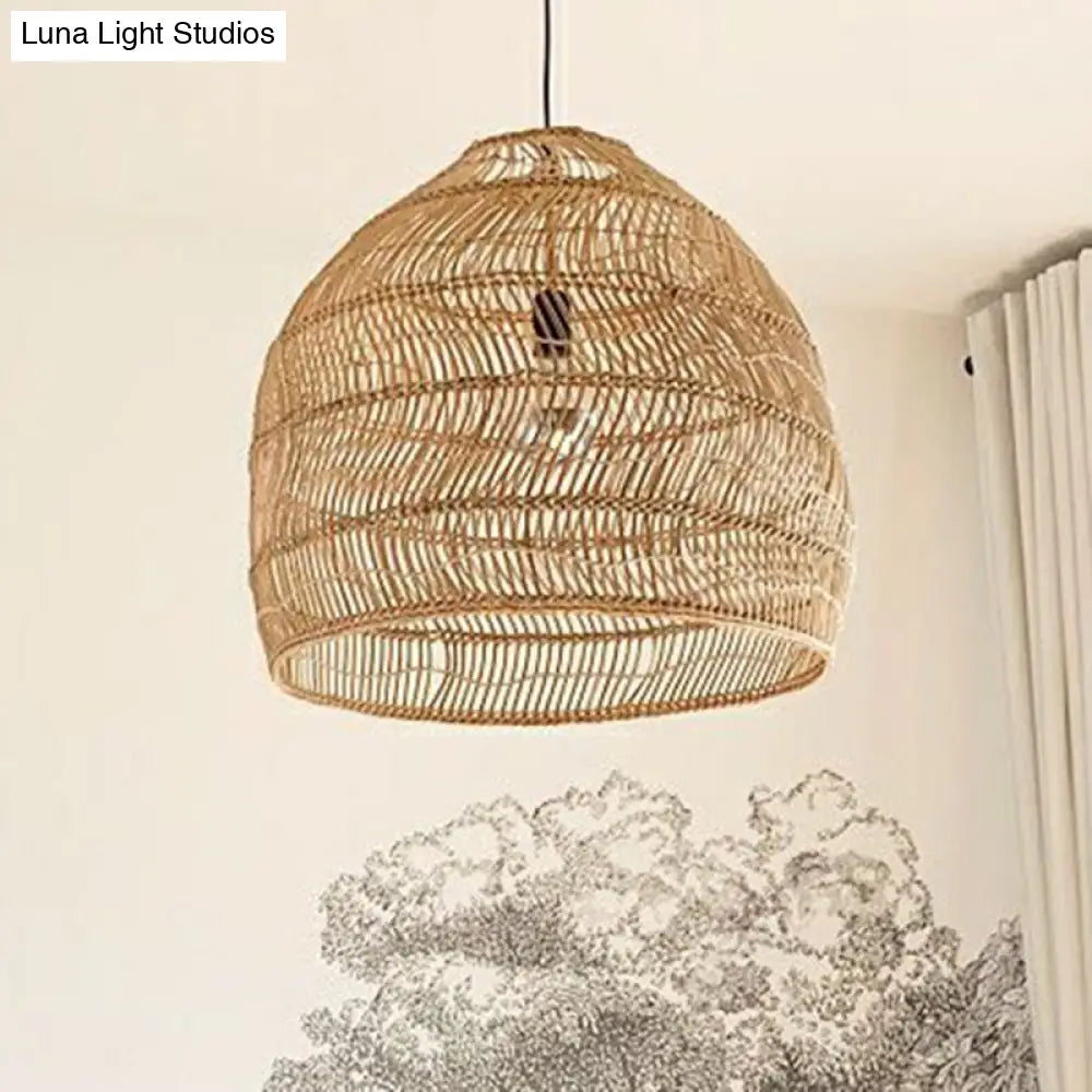 Rustic Rattan 1-Head Domed Pendant Lamp For Bedroom Ceiling