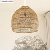 Rustic Rattan 1-Head Domed Pendant Lamp For Bedroom Ceiling