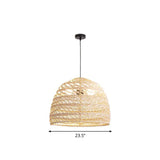 Rustic Rattan 1-Head Domed Pendant Lamp For Bedroom Ceiling Wood / Large Round