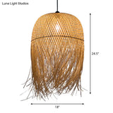 Rustic Rattan Fringe Pendant Light - Beige Single-Bulb Dining Room Hanging Lamp In 6’/10’/18’ Width