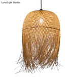 Rustic Rattan Fringe Pendant Light - Beige Single-Bulb Dining Room Hanging Lamp In 6’/10’/18’ Width
