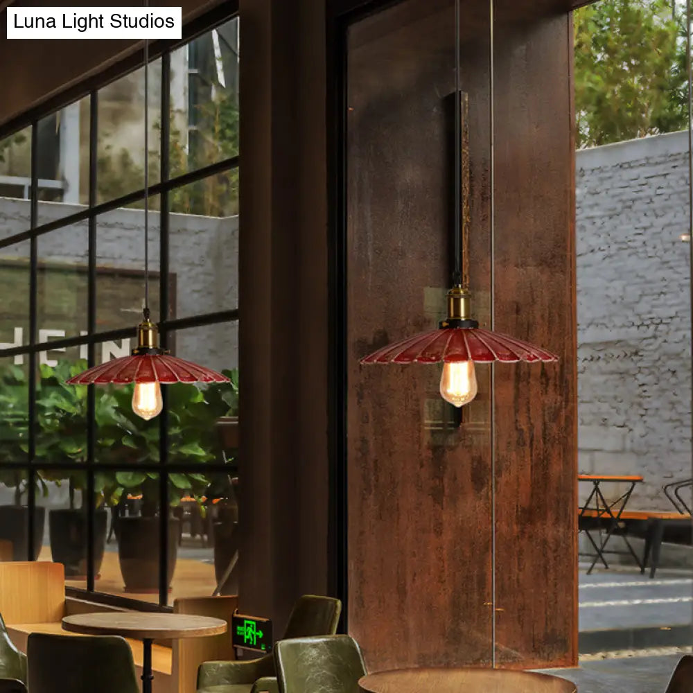 Rustic Red Scalloped Shade Pendant Lamp - Metallic Finish Coffee Shop Hanging Light Fixture
