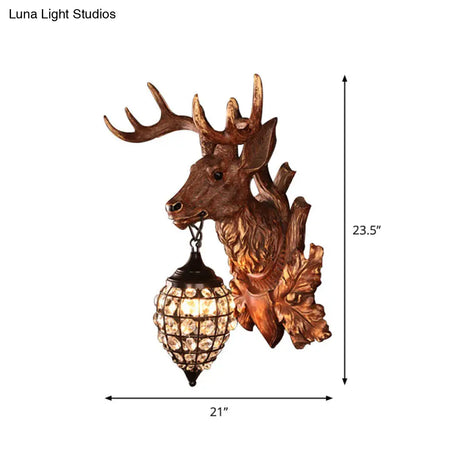 Rustic Resin Deer Head Bistro Wall Sconce: Single Mount Light With Crystal Oval Shade