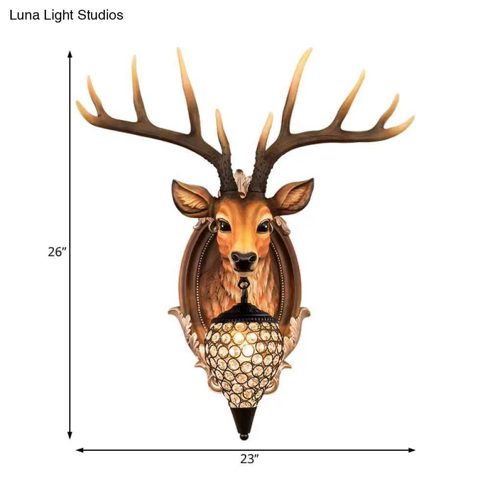 Rustic Resin Deer Wall Light With Crystal Shade - White/Beige/Yellow 1-Light Living Room Sconce Lamp