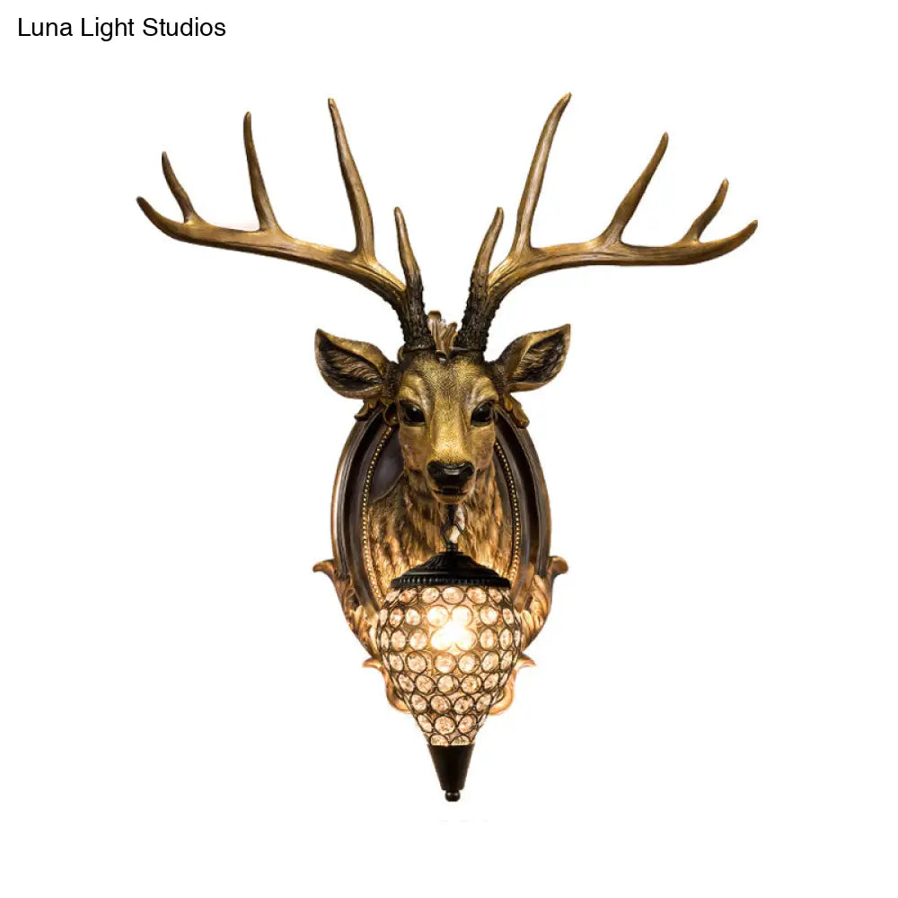 Rustic Resin Deer Wall Light With Crystal Shade - White/Beige/Yellow 1-Light Living Room Sconce Lamp