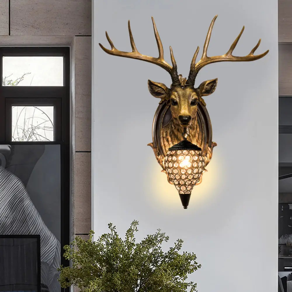 Rustic Resin Deer Wall Light With Crystal Shade - White/Beige/Yellow 1-Light Living Room Sconce Lamp