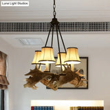 Rustic Resin Dining Room Chandelier - Tapered Design 4 Lights Beige Hanging Fixture With Fabric