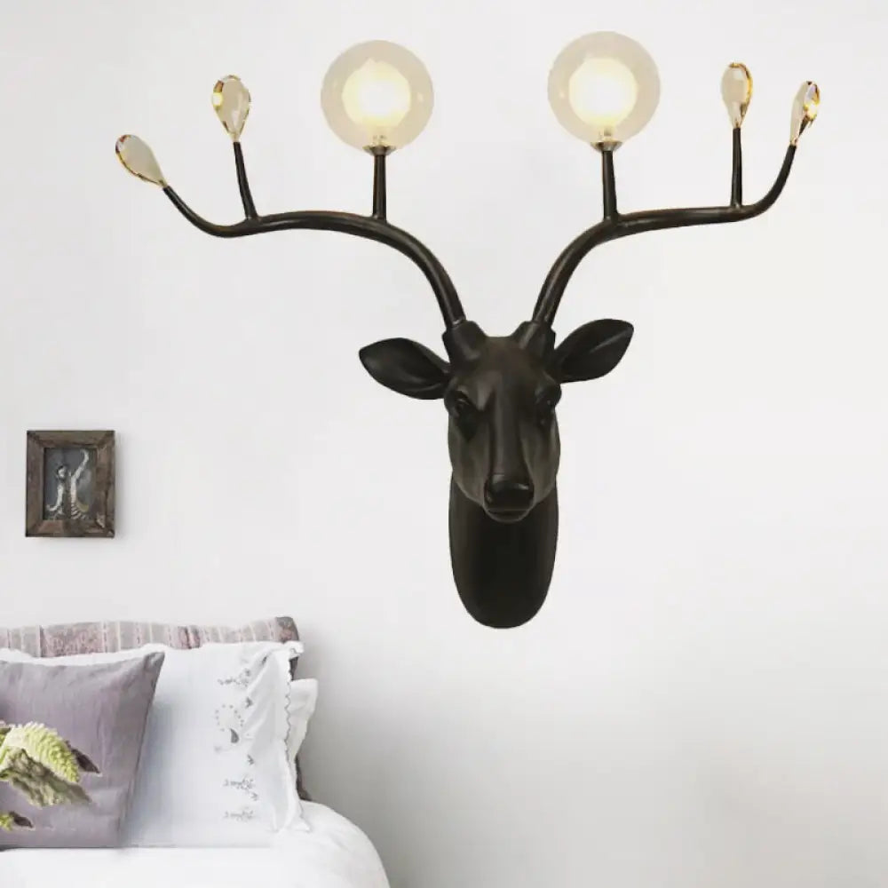 Rustic Resin Sconce Light With Deer Deco - Wall Mounted Lamp For Living Room 2 Lights Black/White