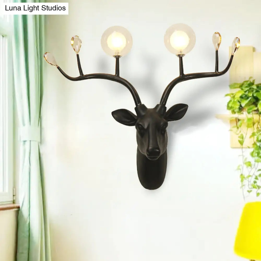 Rustic Resin Sconce Light With Deer Deco - Wall Mounted Lamp For Living Room 2 Lights Black/White