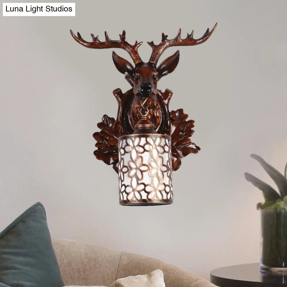 Rustic Resin Sika Deer Wall Lamp With Flower Patterned Glass Shade - Brown/White 1 Head Sconce