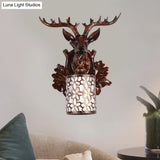 Rustic Resin Sika Deer Wall Lamp With Flower Patterned Glass Shade - Brown/White 1 Head Sconce