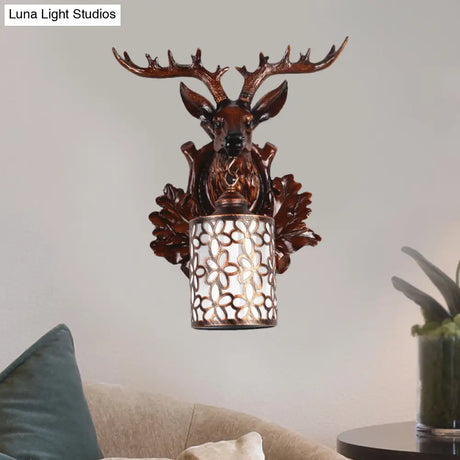 Rustic Resin Sika Deer Wall Lamp With Flower Patterned Glass Shade - Brown/White 1 Head Sconce