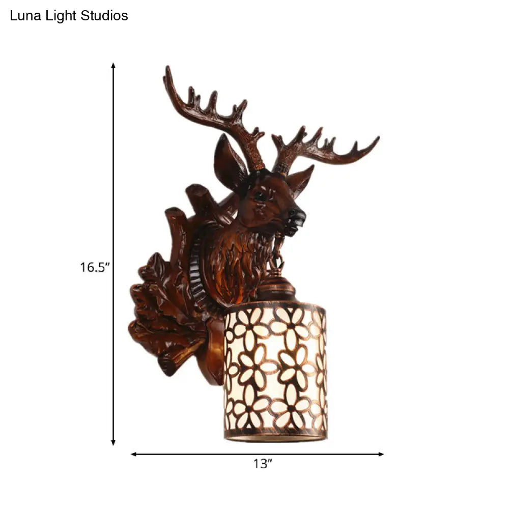 Rustic Resin Sika Deer Wall Lamp With Flower Patterned Glass Shade - Brown/White 1 Head Sconce