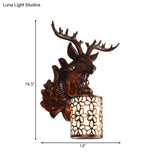 Rustic Resin Sika Deer Wall Lamp With Flower Patterned Glass Shade - Brown/White 1 Head Sconce