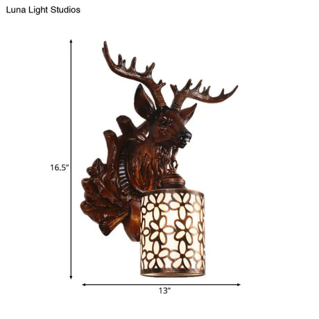 Rustic Resin Sika Deer Wall Lamp With Flower Patterned Glass Shade - Brown/White 1 Head Sconce