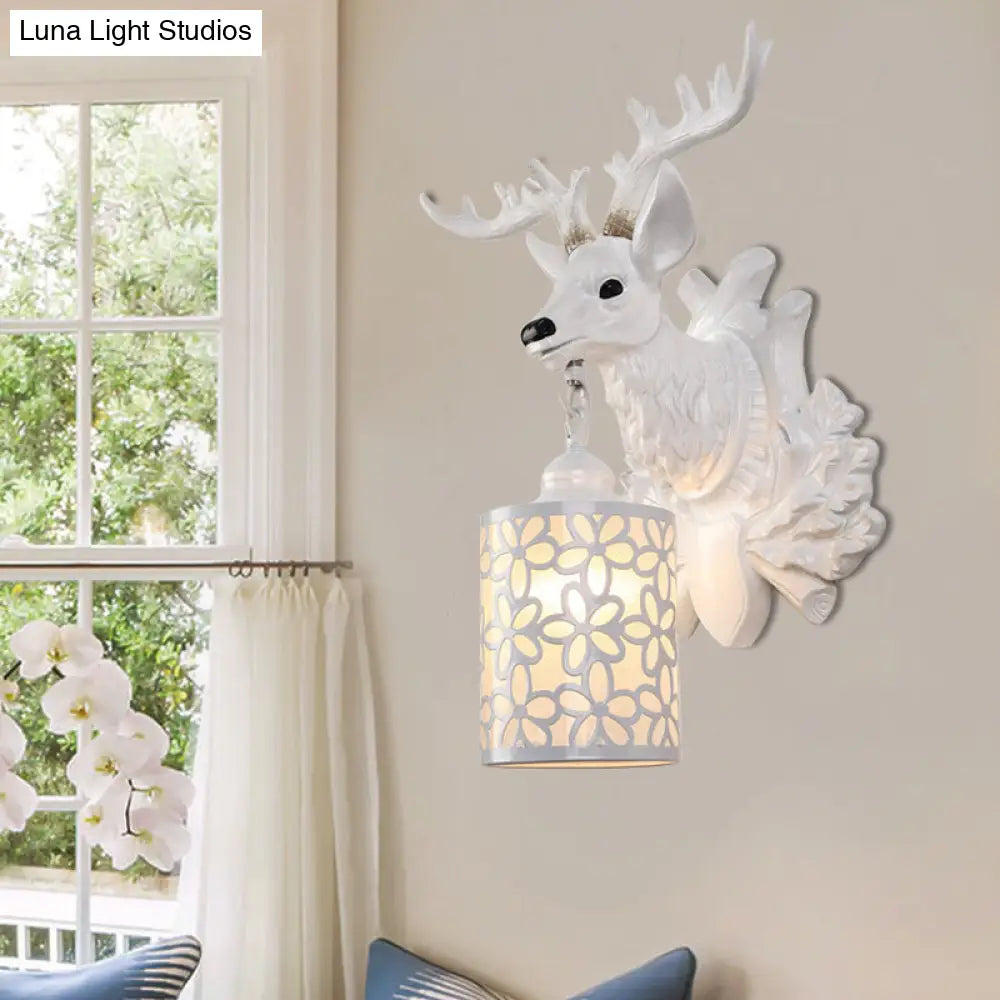 Rustic Resin Sika Deer Wall Lamp With Flower Patterned Glass Shade - Brown/White 1 Head Sconce