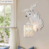 Rustic Resin Sika Deer Wall Lamp With Flower Patterned Glass Shade - Brown/White 1 Head Sconce