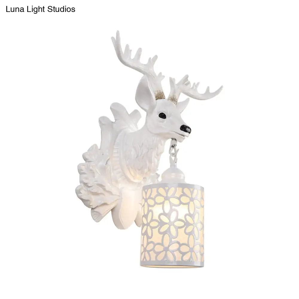 Rustic Resin Sika Deer Wall Lamp With Flower Patterned Glass Shade - Brown/White 1 Head Sconce