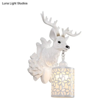 Rustic Resin Sika Deer Wall Lamp With Flower Patterned Glass Shade - Brown/White 1 Head Sconce