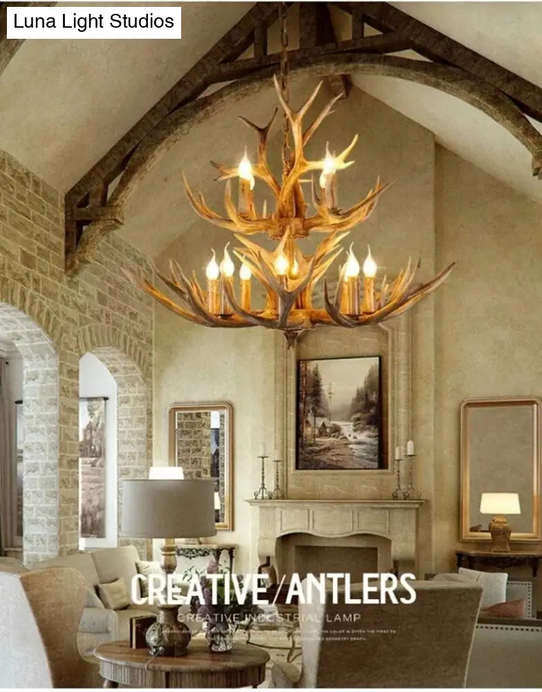 Rustic Resin Wood Finish Antler Chandelier - Living Room Ceiling Suspension Lamp