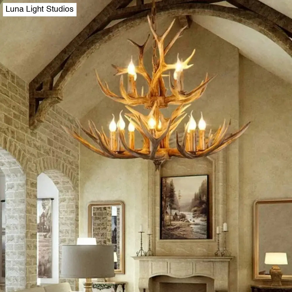 Rustic Resin Wood Finish Antler Chandelier - Living Room Ceiling Suspension Lamp