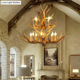Rustic Resin Wood Finish Antler Chandelier - Living Room Ceiling Suspension Lamp
